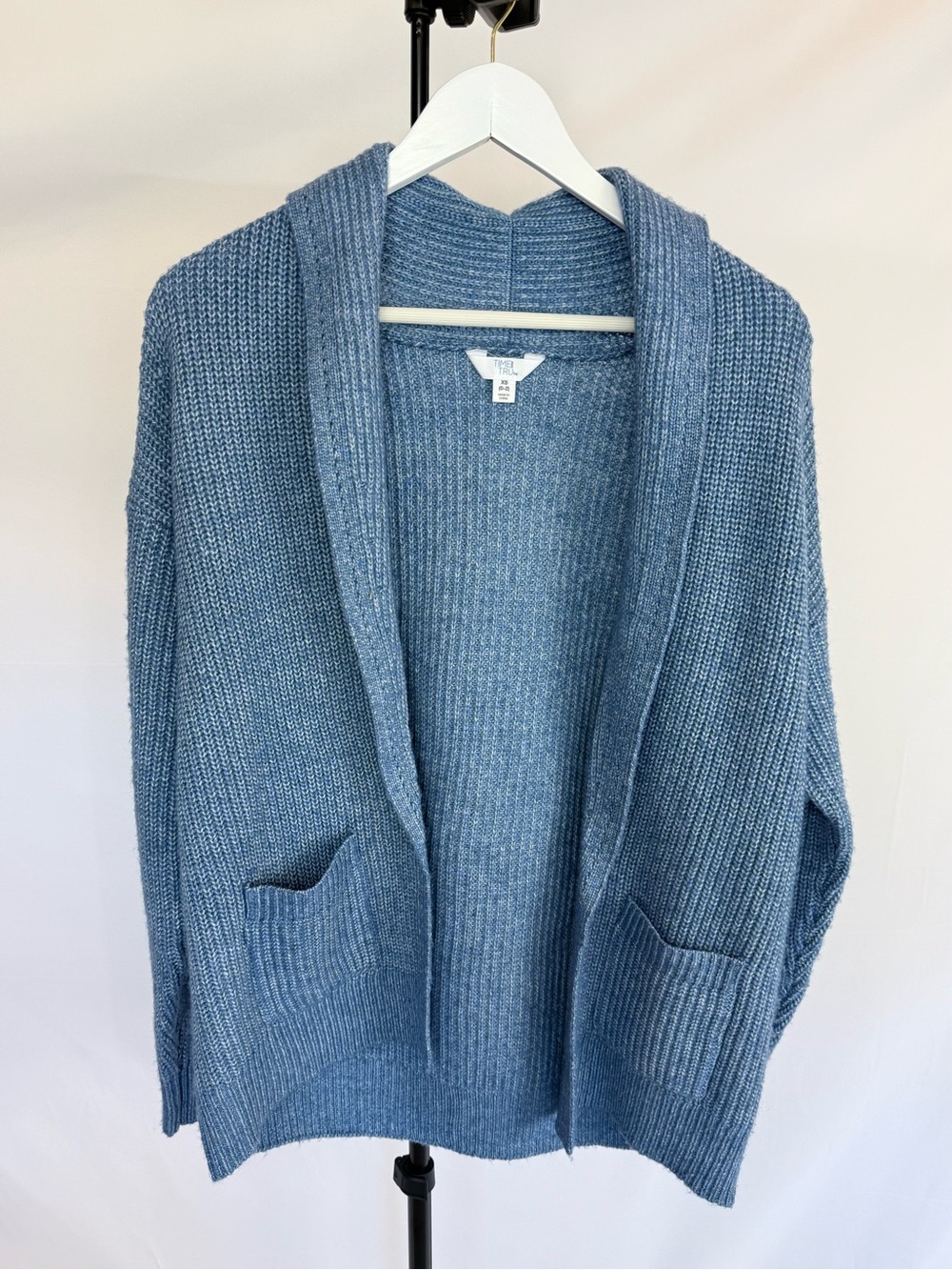 Open-Front Blue Knit Cardigan Sweater
